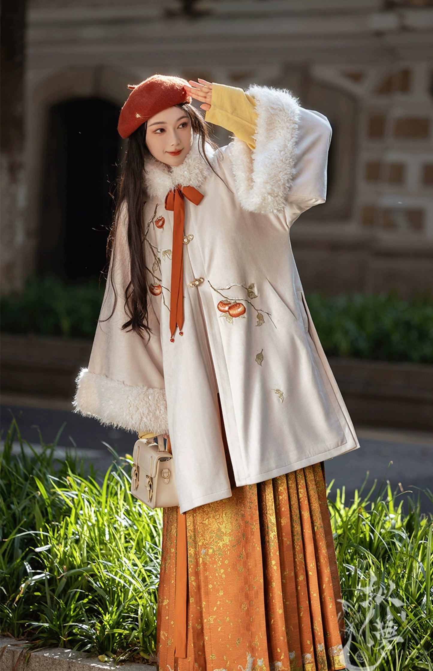 Persimmon Ruyi  autumn and winter Hanfu warm round neck jacket plush jacket