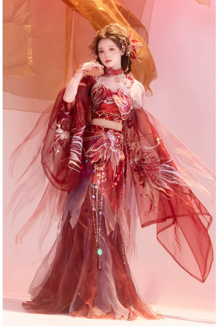 Red Hanfu female Dunhuang embroidery fairy spring and summer dress with floral embroidery and sheer draping sleeves.