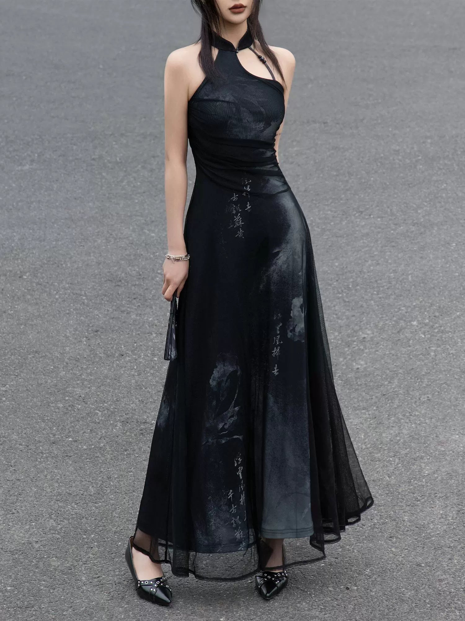 Iris Shadow – Sleeveless Grey Ombre Qipao | New Chinese Style Knitted A-Line Maxi Dress