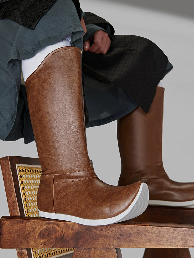 Brown Leather Hanfu Boots – Waterproof Traditional Men's Shoes | Ming & Song Dynasty Inspired Pointed-Toe Design