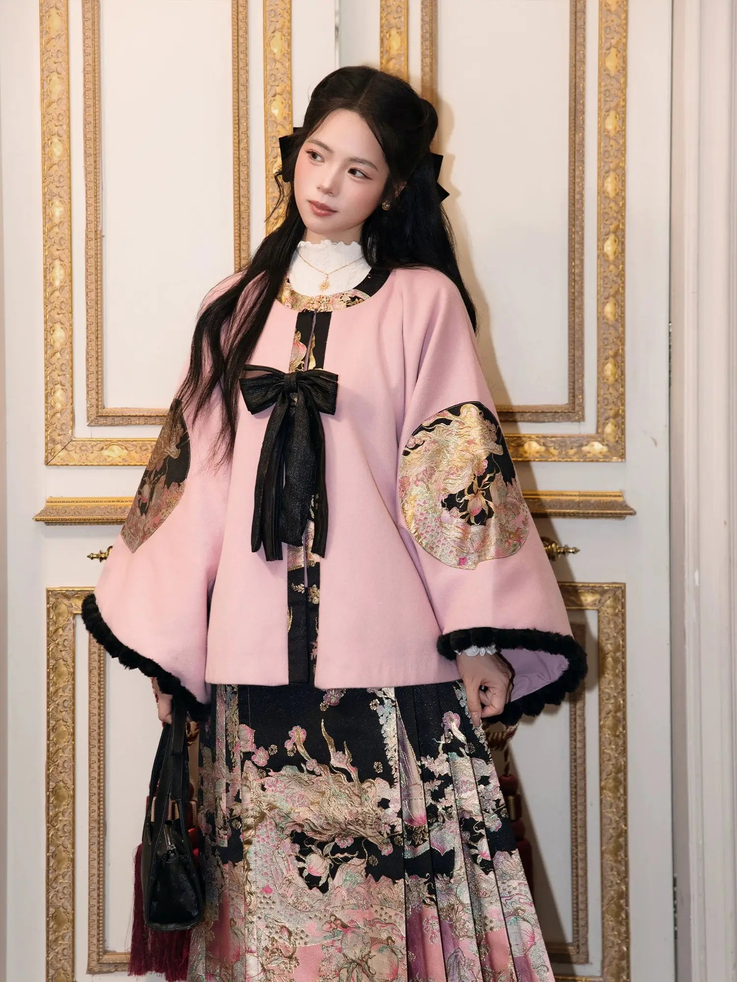 Spring Mountain Dragon – New Chinese Style Hanfu Set | Brocade Ma Mian Skirt with Embroidered Cape and Floral Gold Weave