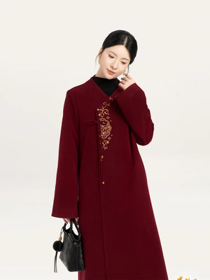 Red coat neckline and gold floral embroidery