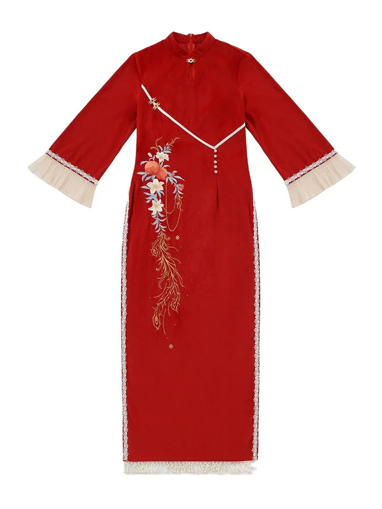 pomegranate red dress Asymmetric Sleeve Maxi Dress