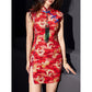 Close-up of red cheongsam dress with detailed dragon totem pattern.