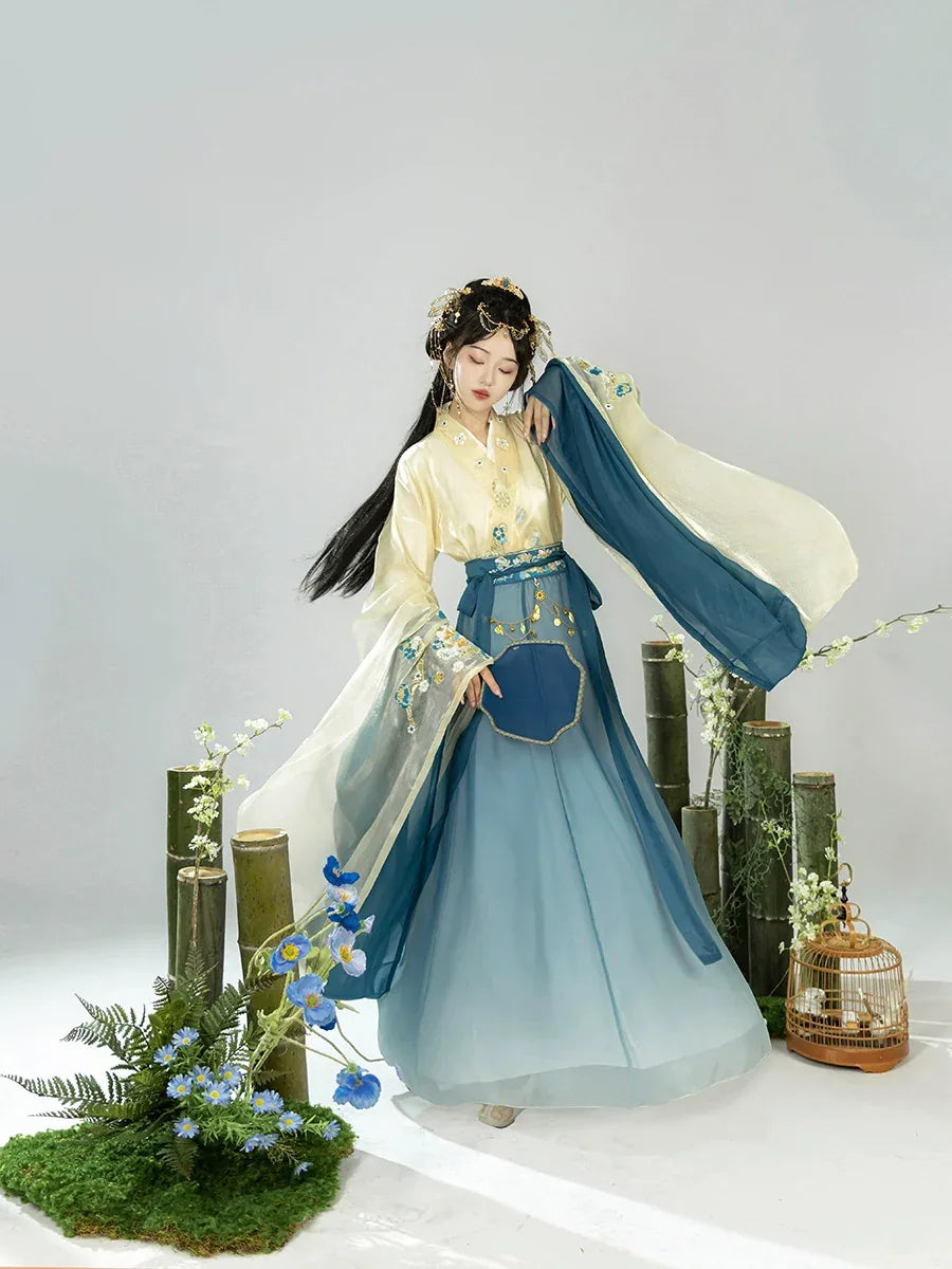 Wei Jin | Hanfu Women's Blue & Red Princess Dress Waist-Length Broken Skirt Embroidery Suit One Set / L / Red Wei Jin | Hanfu Women's Blue & Red Princess Dress Waist-Length Broken Skirt Embroidery Suit One Set / L / Red