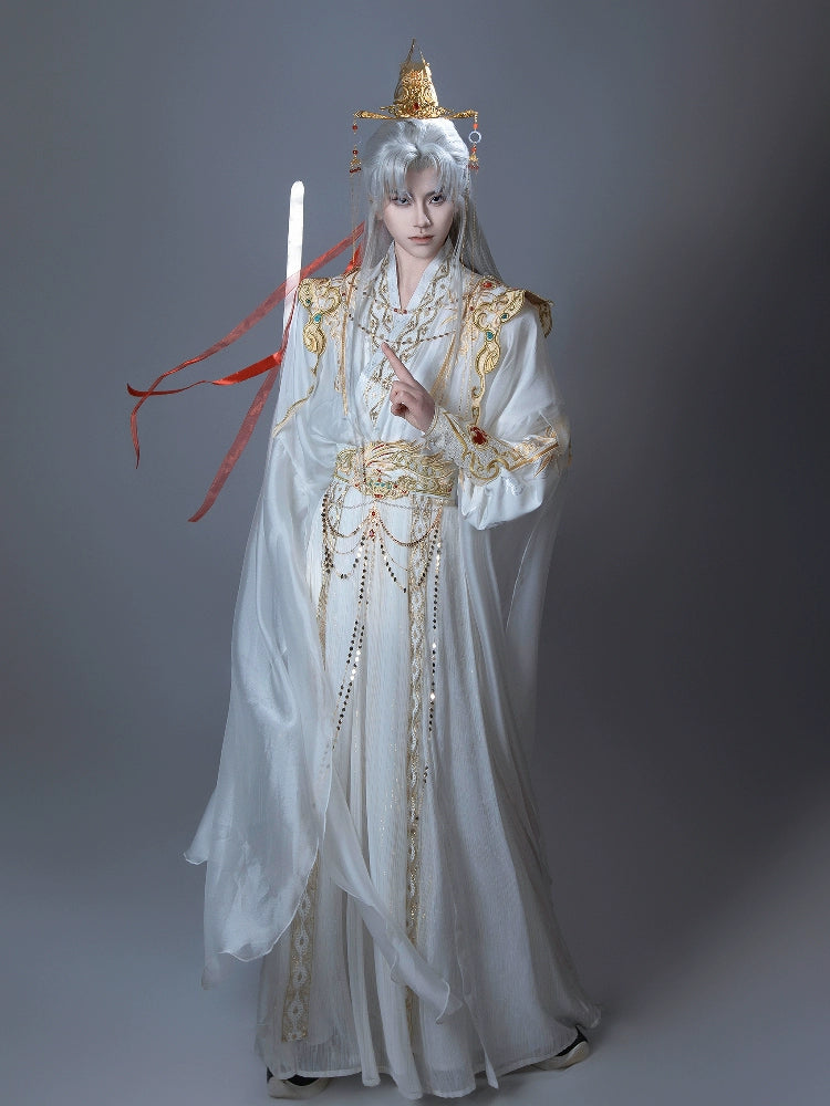 【Radiance of the Dragon】 White Hanfu Ensemble with Cross-Collar, Clouded Shoulders & Embroidered Seal men Unisex