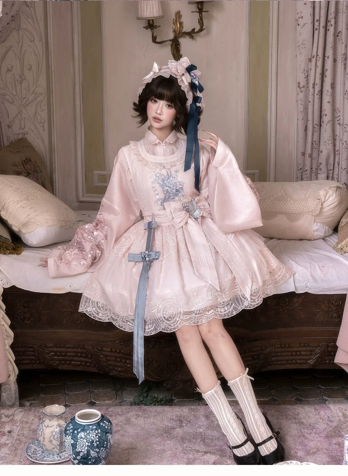 East-Meets-West Pink Two-Piece Set | Romance Embroidered Hanfu Blouse & Over Skirt - Yandan_Hanfu