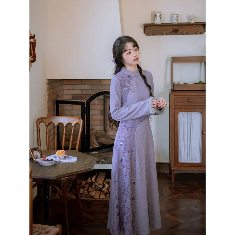 ''Falling Grace Lace Qipao Cheongsam Dress & Faux Fur Jacket Winte Blue-purple (cheongsam) / L ''Falling Grace Lace Qipao Cheongsam Dress & Faux Fur Jacket Winte Blue-purple (cheongsam) / L