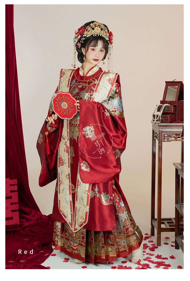 Cloud Hidden Moon Embroidery-Gilt Ming-Dynasty Flower Crew Neck Robe Wedding Clothing Hanfu Women's Spring