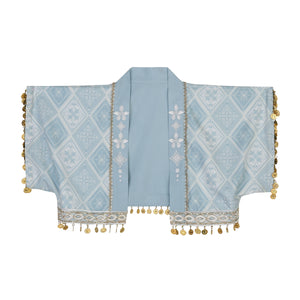Back view of embroidered jacket from blue Hanfu Princess Jasmine suit by 【Cloud Traveler】, decorated with gold coins.