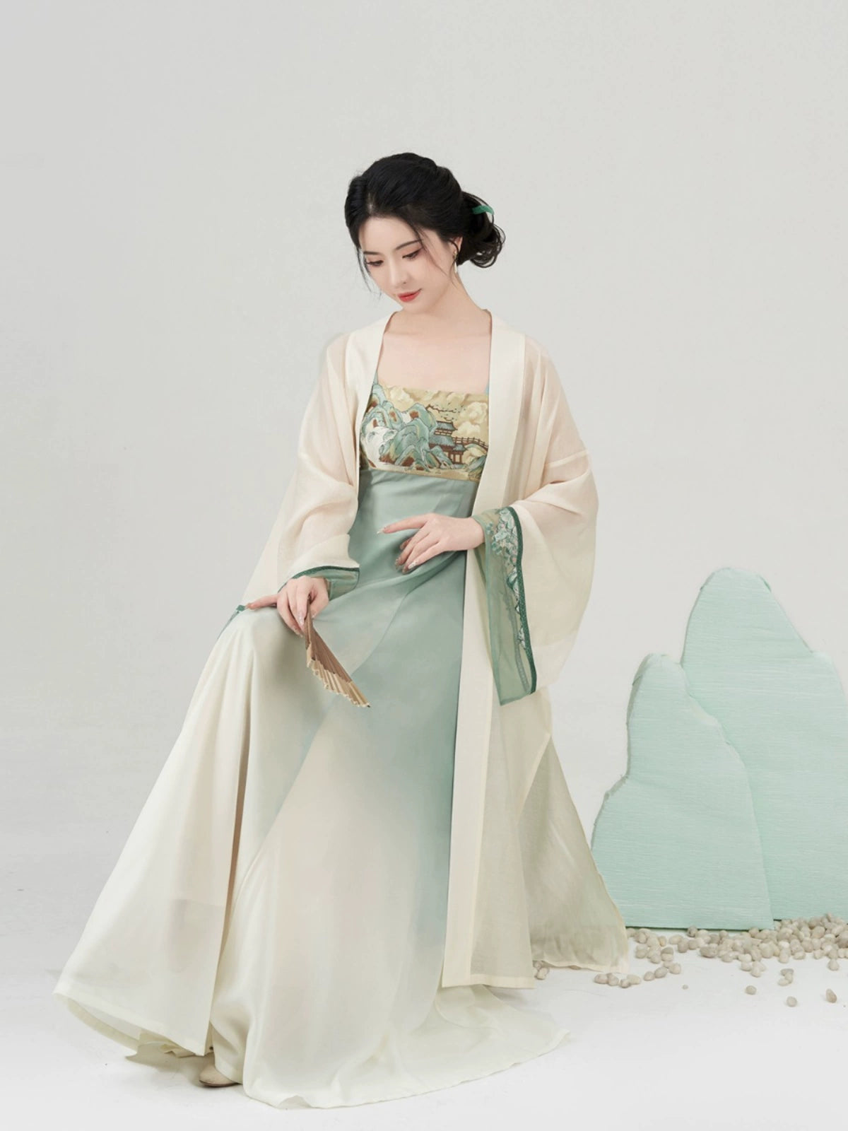 Walking Through Green Hills – Tang-Inspired Hanfu Dress Set with Camisole Gown and Overlap Blouse