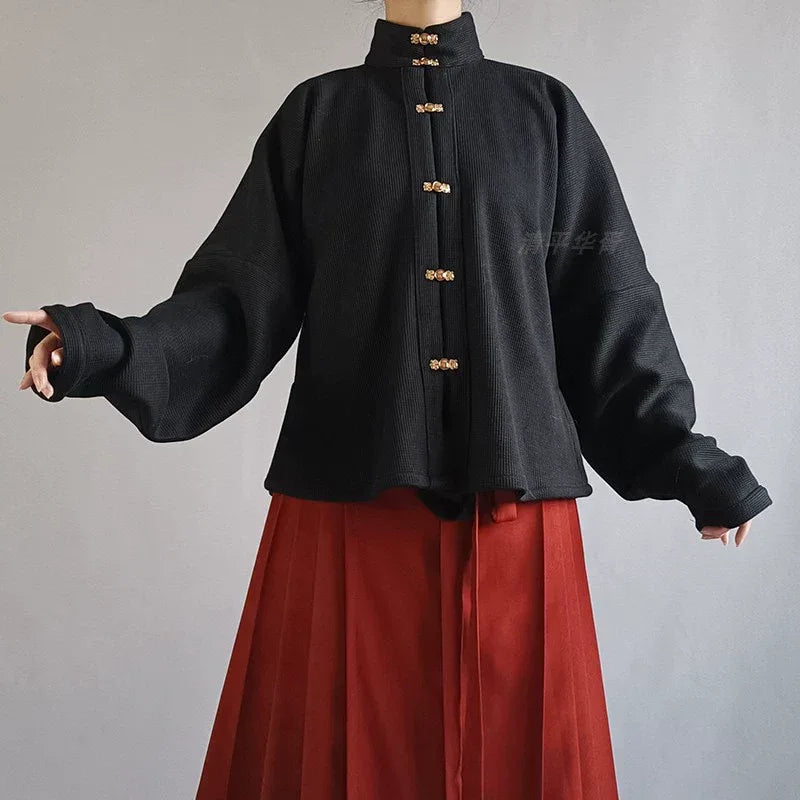 [Soft] Solid color stand-up collar bow bag sleeve hanfu top ｜Unisex - Yandan_Hanfu