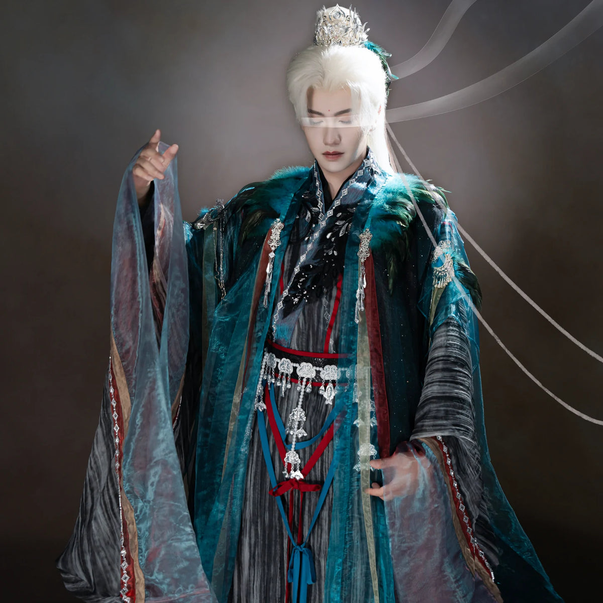 Peacock blue and iridescent layered xianxia outfit — worn garment view 1