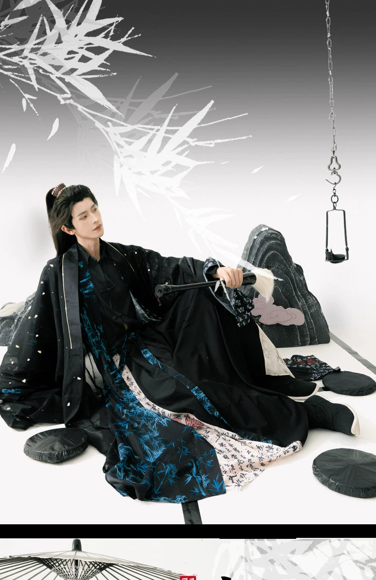 Experience the elegance of the Song Dynasty with our Calligraphy Hanfu Men's Cloak Large Sleeve Shirt Black Suit. Inspired by Chinese calligraphy and cultural aesthetics, each piece embodies timeless sophistication. Elevate your wardrobe with our fusion of classic and contemporary Hanfu styles.