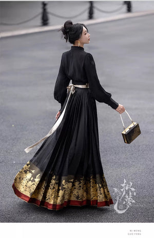 Elevate your style with our Black & Blue Modern Hanfu featuring sexy Hanfu, traditional Hanfu in black, Mulan-inspired Hanfu, elegant Hanfu cloak, and Song Dynasty Hanfu. Choose from a variety of colors including red, white, and black, or opt for the classic Hanfu skirt, the Mamianqun, or the Chinese wrap skirt. Our 6-meter-high daily Hanfu suit includes a slimming fit and a long horse-mamian skirt, perfect for any occasion.