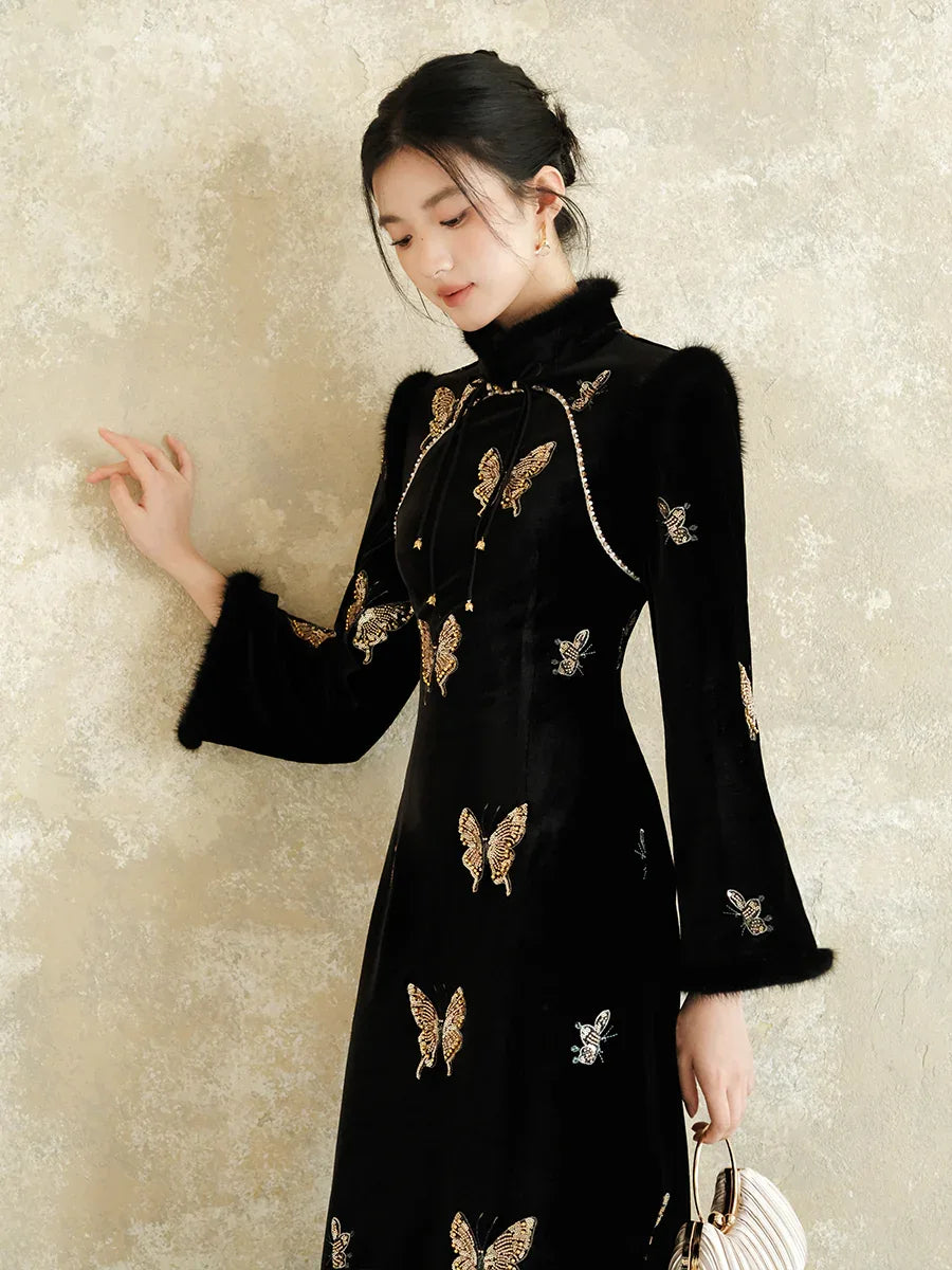 Black & Gold Velvet Cheongsam Modern Chinese Winter Dress with Butt Zhu Mo / M Black & Gold Velvet Cheongsam Modern Chinese Winter Dress with Butt Zhu Mo / M