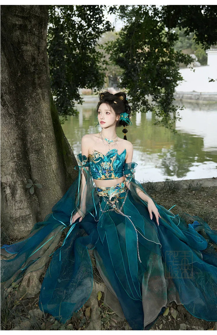 Blue Hanfu women's Dress exotic style Butterfly Cosplay Daji set (tube top + feather sleeves + special-shaped skirt + waist chain + necklace) / M Blue Hanfu women's Dress exotic style Butterfly Cosplay Daji set (tube top + feather sleeves + special-shaped skirt + waist chain + necklace) / M
