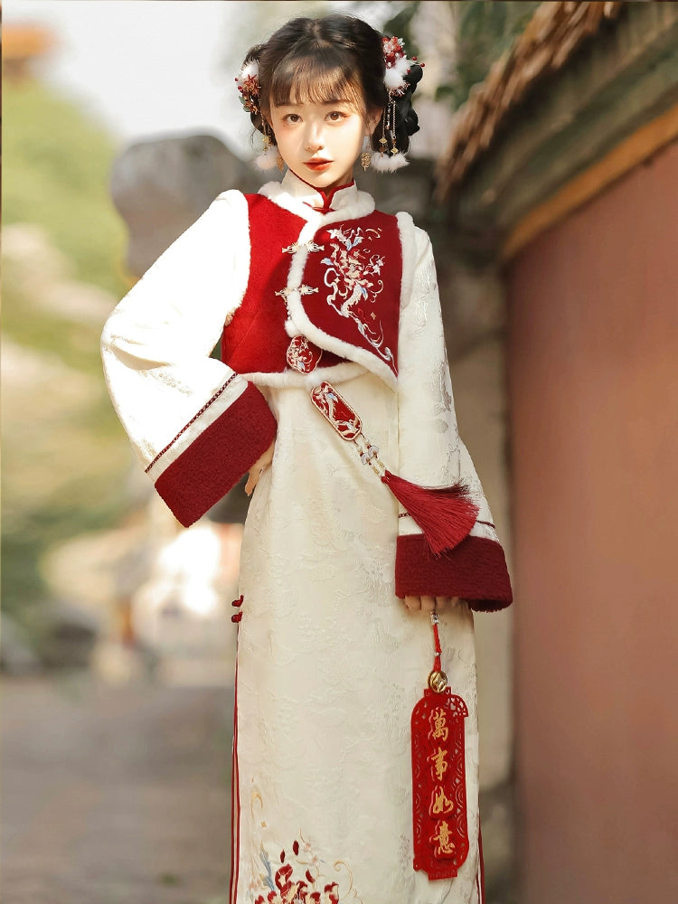 autumn and winter lolita spring dawn Chinese style short vest new year red robe long sleeve op cheongsam dress