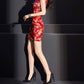 Side view of red cheongsam dress with dragon print and high heels.