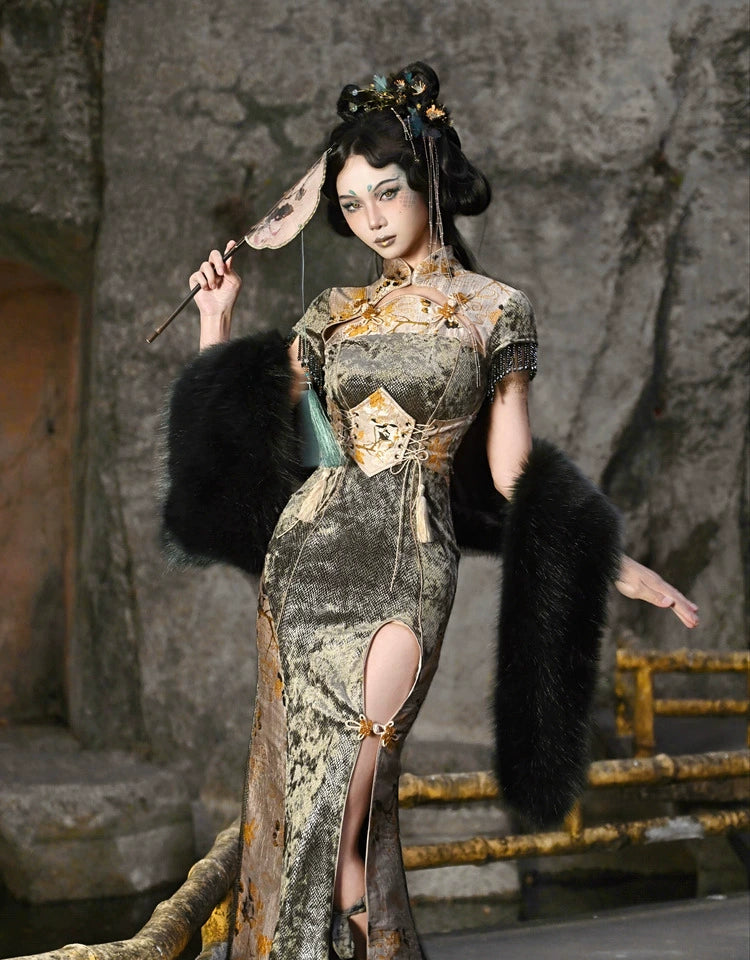 Spring Dragon Festival, Chinese national style disc buckle slim fish tail long slit cheongsam dress