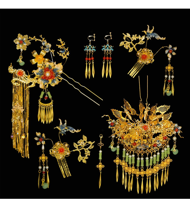 Flat lay of Chinese antique butterfly bridal hairpin set with tassels and earrings, ideal for traditional wedding accessories.