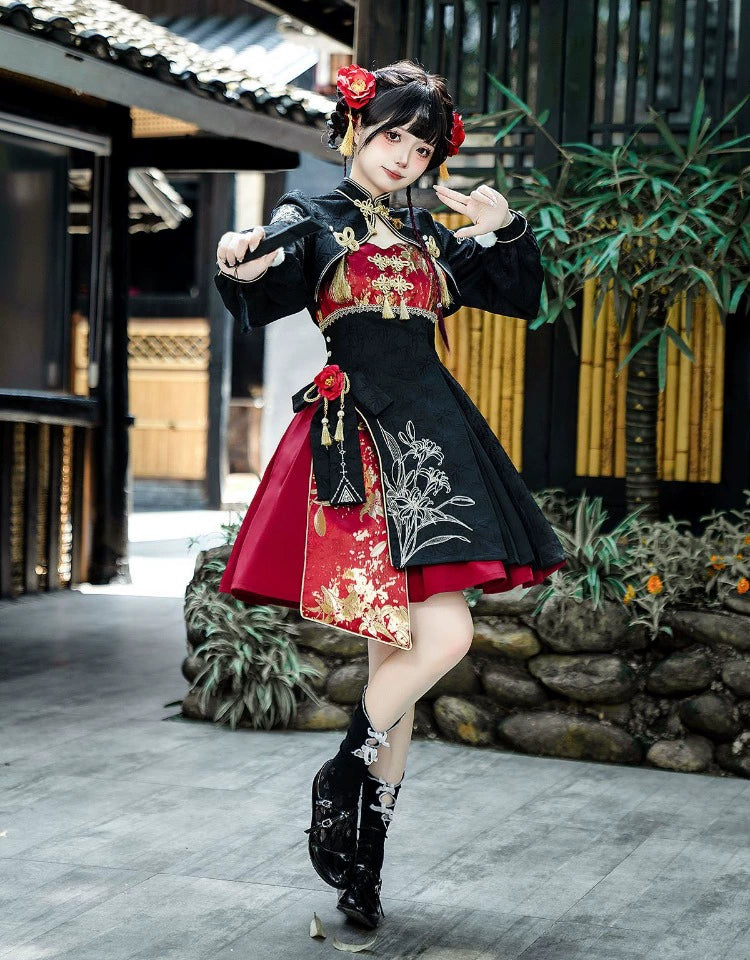 Full-body shot of a model in a Lolita Chinese-style cheongsam suspender skirt set, posing in a traditional setting with elegant accessories.