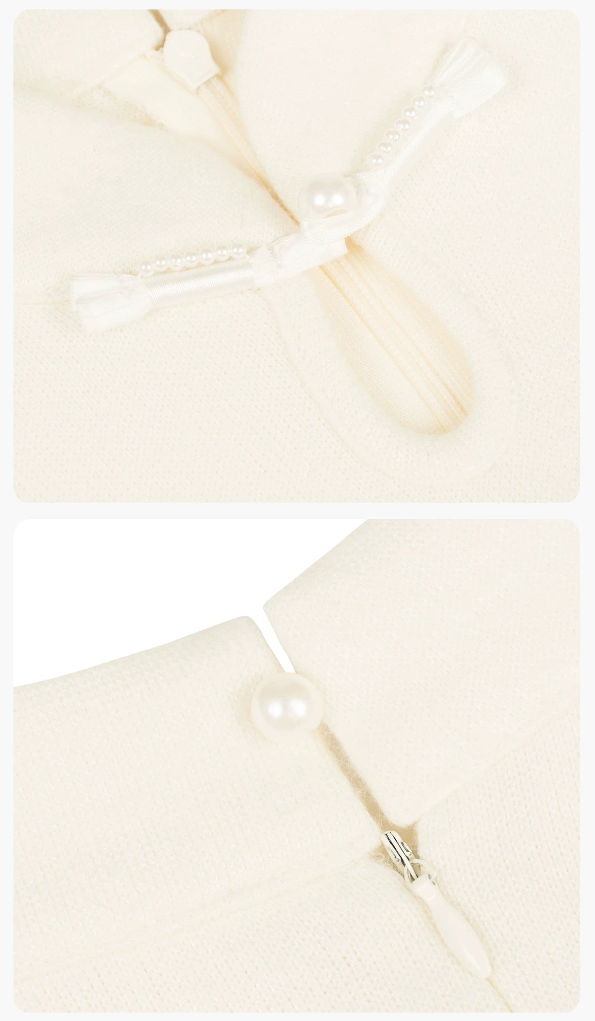 Ivory dress collar fastening and zip detail