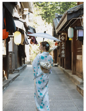 Woman in a white and blue floral Yukata Kimono Dress walking with a parasol, surrounded by traditional Japanese architecture and lanterns.