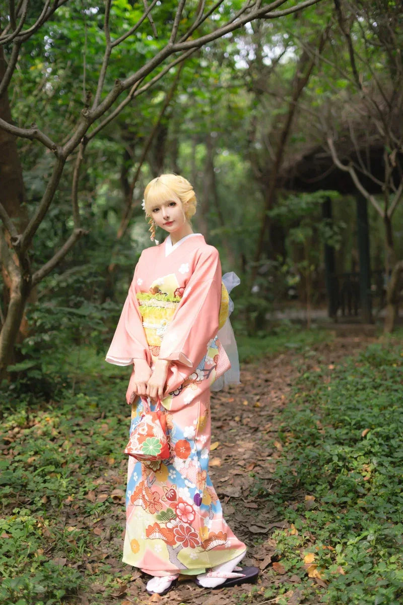 Traditional formal Japanese kimono women's visiting kimono set travel orange / Traditional 160 length kimono + belt Traditional formal Japanese kimono women's visiting kimono set travel orange / Traditional 160 length kimono + belt