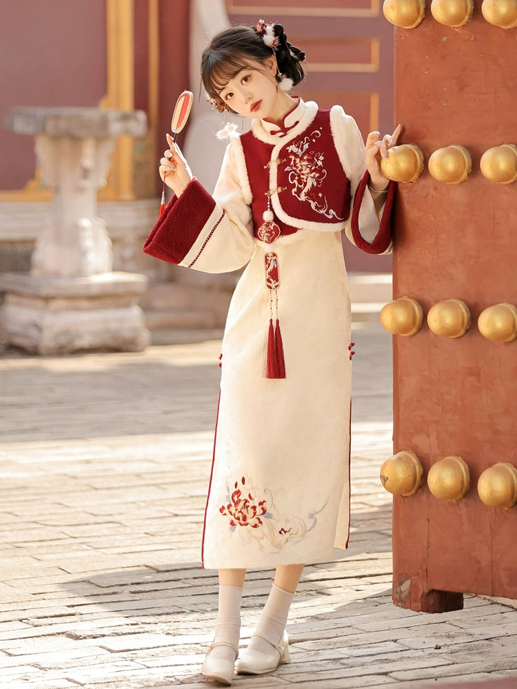 autumn and winter lolita spring dawn Chinese style short vest new year red robe long sleeve op cheongsam dress