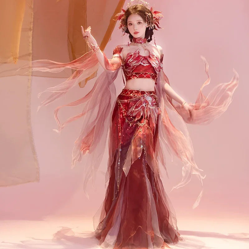 Red Hanfu female Dunhuang embroidery fairy spring and summer Full set (top + tube top + feather sleeves + lower skirt) / M Red Hanfu female Dunhuang embroidery fairy spring and summer Full set (top + tube top + feather sleeves + lower skirt) / M