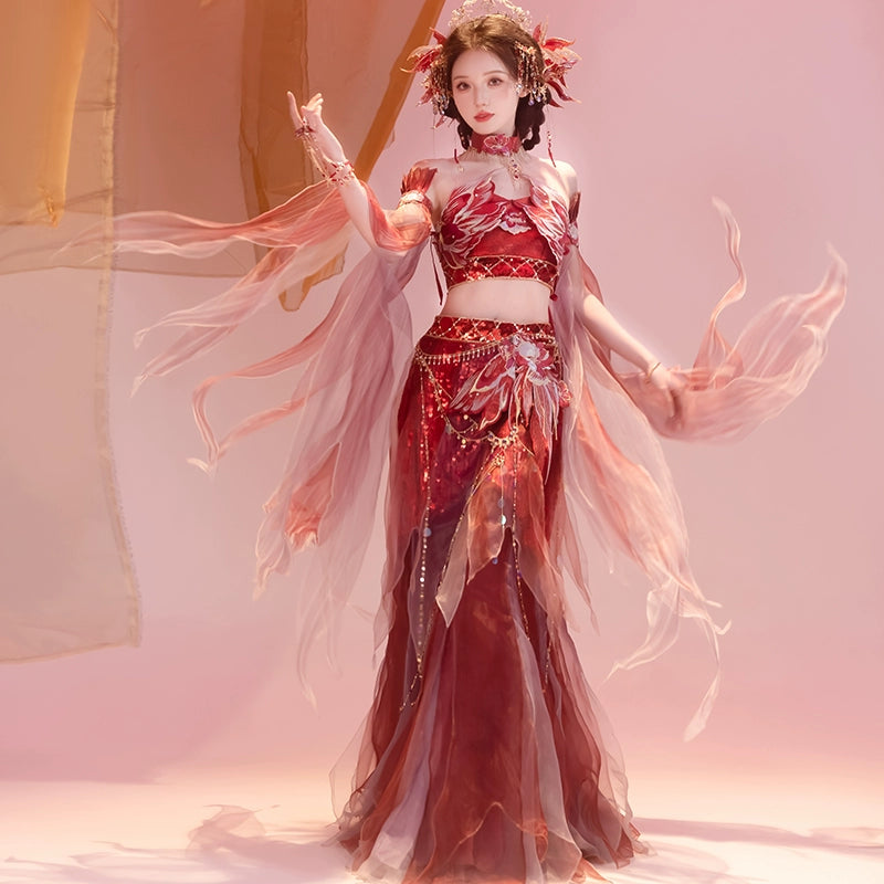 Front view of Red Hanfu female Dunhuang embroidery fairy spring and summer dress with ornate detailing and layered skirt.