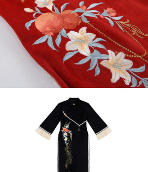 Detailed embroidery of pomegranate and floral designs on red cheongsam dress, highlighting traditional Hanfu elements.