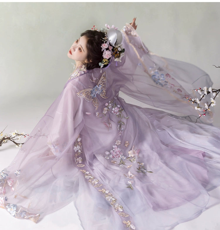 Back view of Purple Hanfu women's Song Dynasty embroidered big-sleeved shirt with flowing train and butterfly embroidery.
