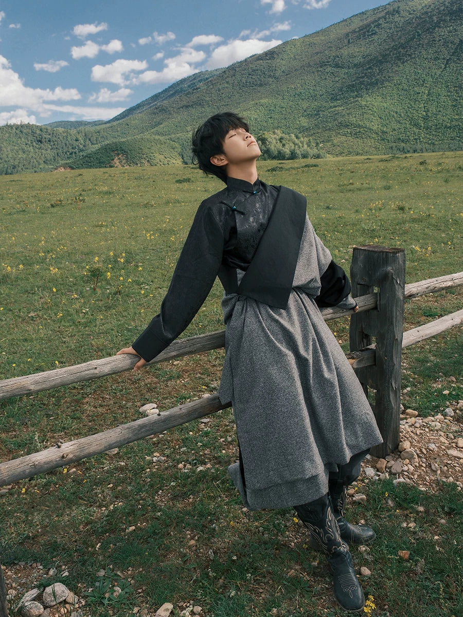 Kangba Splicing Tibetan Robe Set | Men's Traditional Tibetan Chuba with Inner Shirt