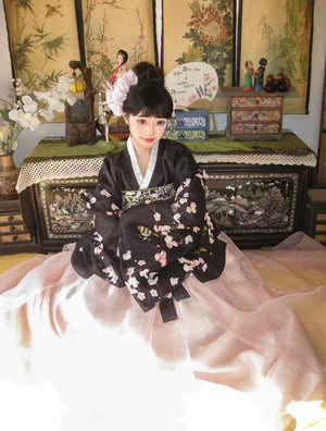 One size black pink floral hanbok korean traditional dress
