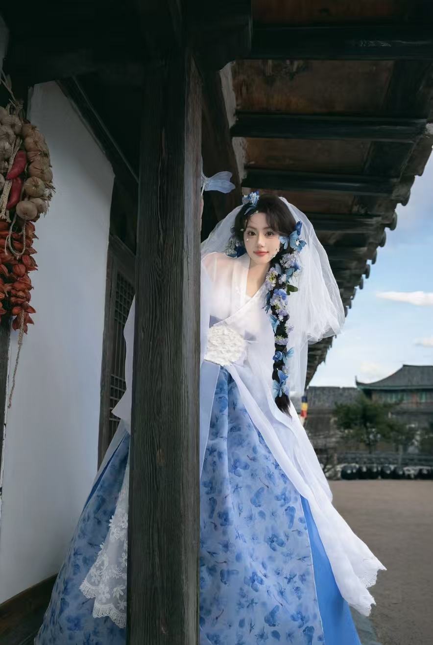 White blue korean traditional hanbok one size dress front view