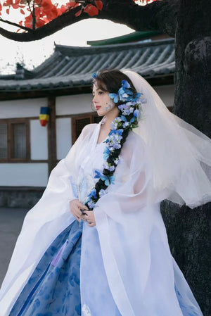  One size white and blue hanbok korean traditional dress

