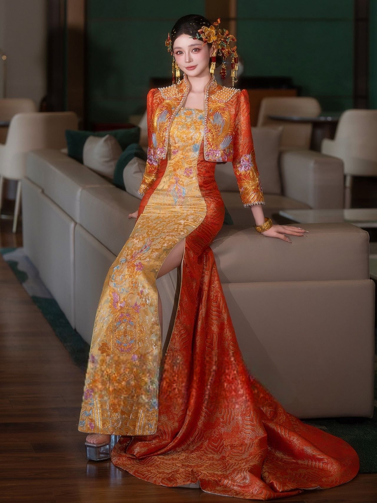 Cheongsam Xiuhe Clothing Orange Trailing Bridal Wedding Dress