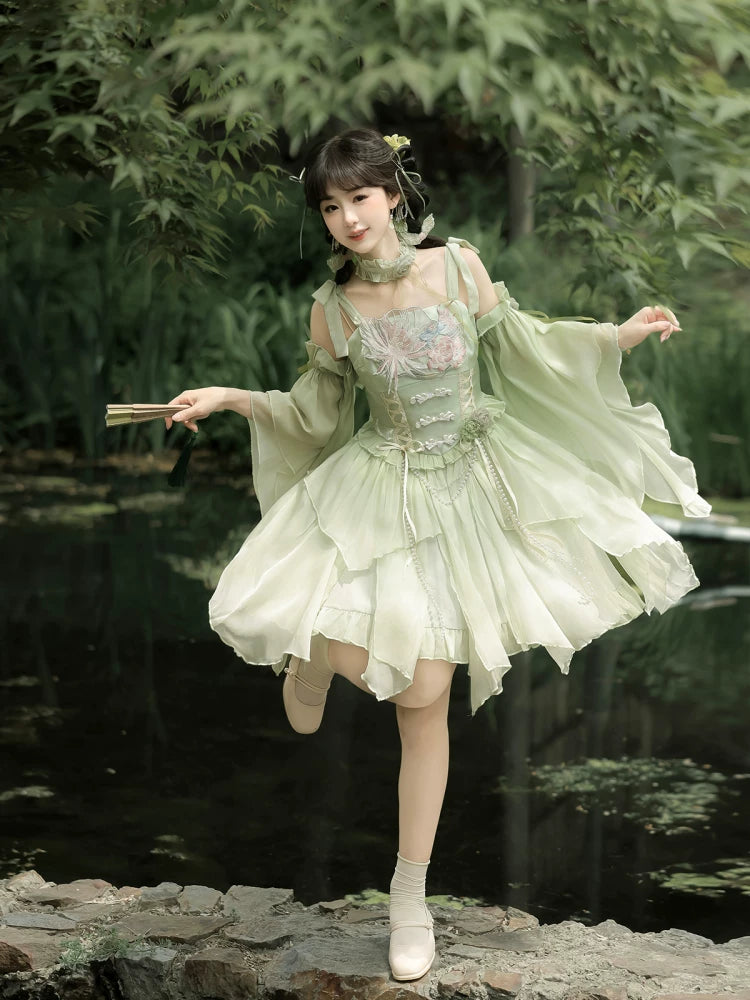 Original chinese brand han element lolita dress tsinghua lu embroidery sweet fairy suspender gown for summer season fabric detail