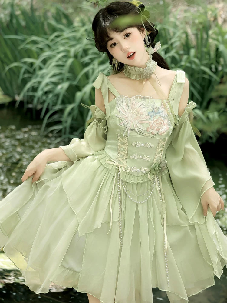 green suspender dress Green Embroidery Han Element Suspender Dress Set