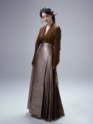 Original ming style hanfu women suit song jin dark pattern jacquard top with imitation makeup flower horse skirt fabric detail