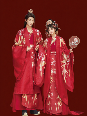 Original song dynasty atmospheric wedding set trailing large sleeved shirt toasting wedding clothes for men and women fabric detail