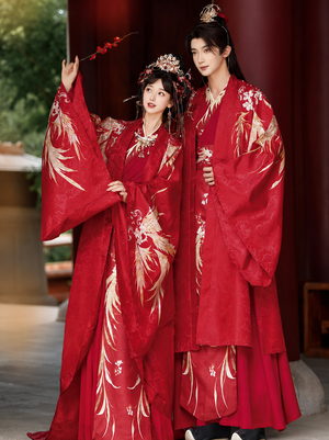 Original song dynasty trailing hanfu large sleeved shirt atmospheric toasting wedding clothes men and women wedding wear back view