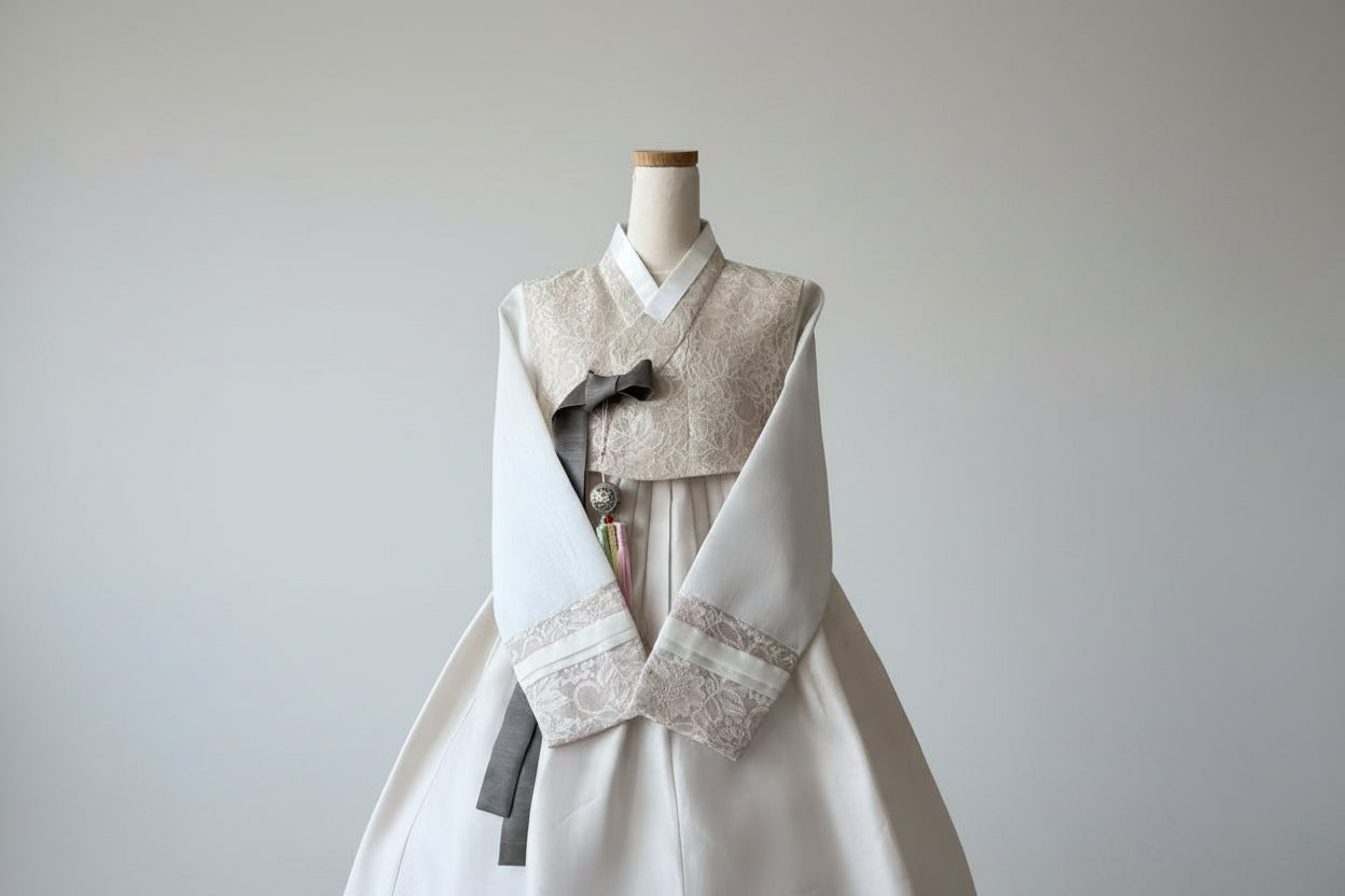 Pastel lace hanbok traditional korean attire with graceful and elegant lace detail