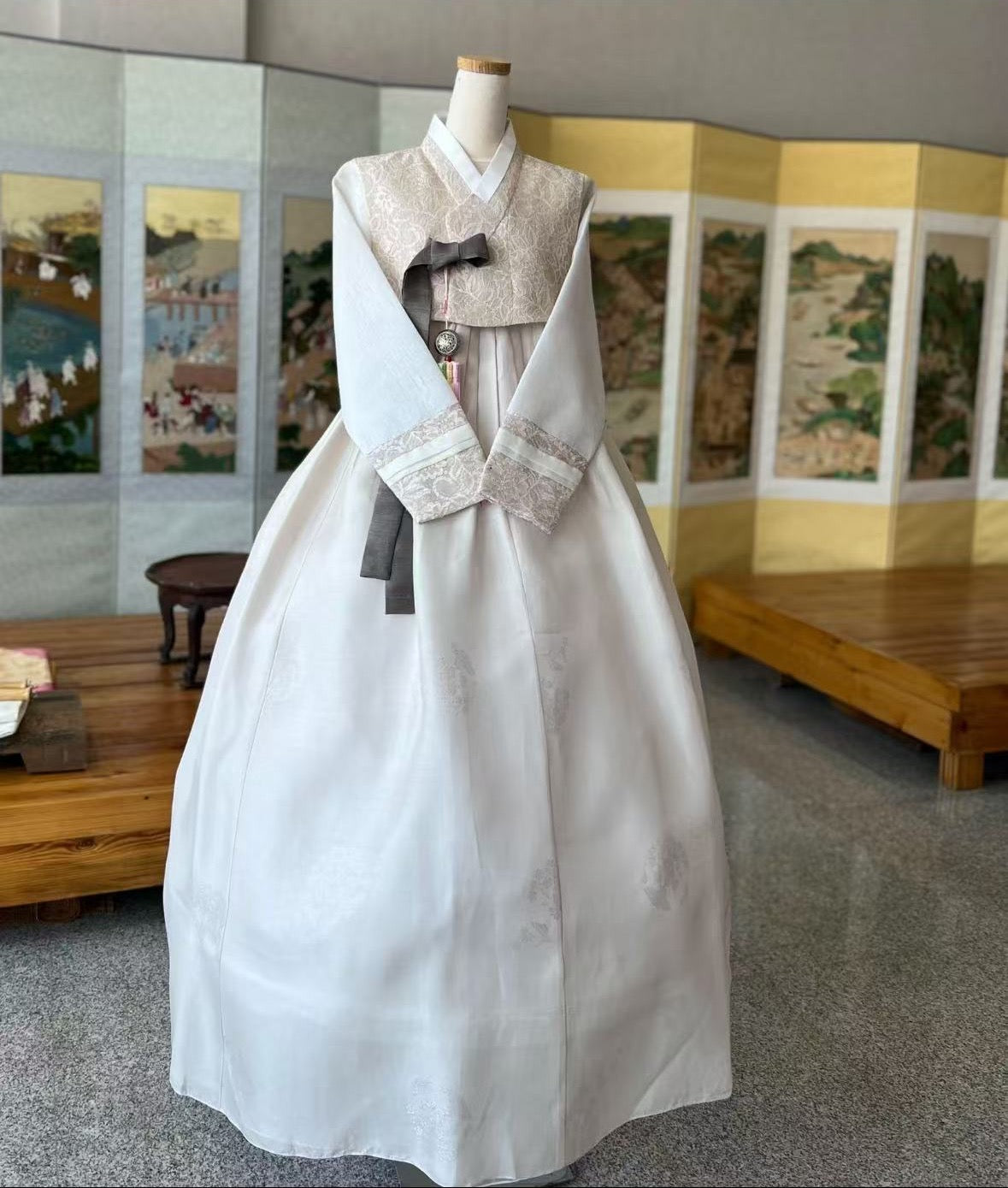 Lace trim traditional korean hanbok pastel color graceful elegance attire for women