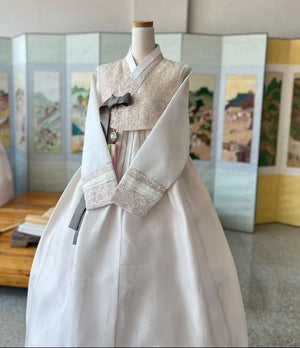 Elegant pastel lace hanbok traditional korean dress with graceful lace detailing
