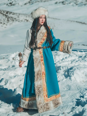  Peacock blue tibetan long robe wearable art for cultural experience and modern lifestyle back view