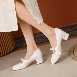 Pearl buckle thick heel mary jane shoes dancing embroidery edge original national style new chinese women shoes for cheongsam

