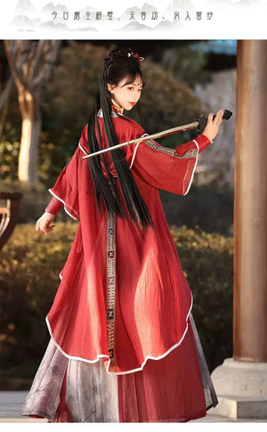 Red modern hanfu dress for women, blending traditional Song Dynasty elegance with contemporary style. Crafted from luxurious silk, this hanfu includes an optional matching coat or jacket, making it suitable for winter, casual outings, or formal occasions like graduations. Available at our online hanfu shop, offering a range of authentic hanfu for sale, this piece combines the beauty of classic Chinese clothing with modern fashion elements from top Chinese brands. Perfect for anyone looking for where to buy 